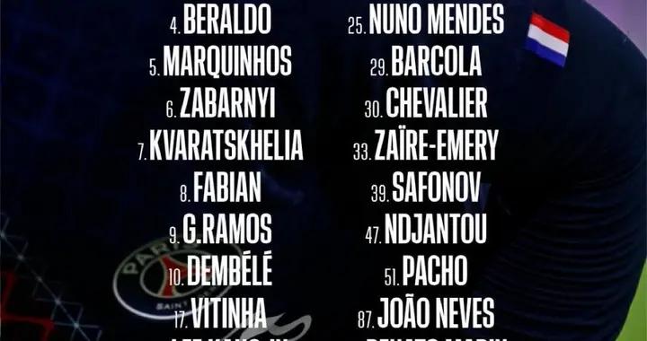 巴黎戰尼斯大名單：登貝萊領銜，阿什拉夫、法比安迴歸