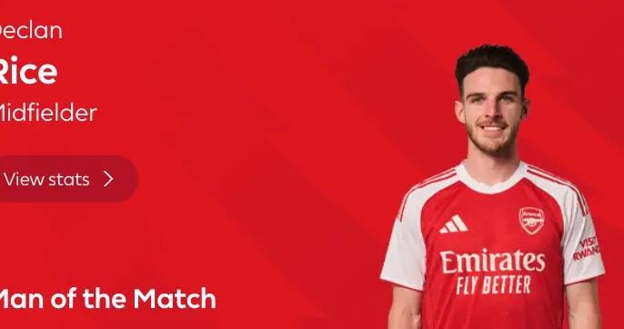 梅開二度，賴斯當選伯恩茅斯vs阿森納全場最佳球員