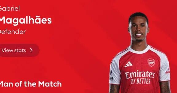 傳球全場最多，加布裏埃爾當選阿森納vs利物浦全場最佳球員