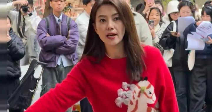 高圓圓現身成都菜市場，穿紅毛衣配白褲子好喜慶，46歲的臉像26歲
