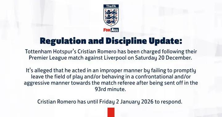 官方：羅梅羅因對利物浦染紅後攻擊性對抗裁判被英足總指控