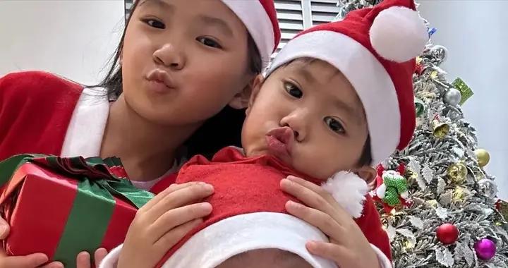江宏傑陪倆娃過聖誕，兒子女兒都是小圓臉，長得和福原愛一模一樣