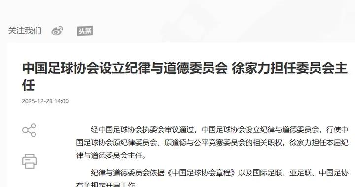 官宣：中國足協設立紀律與道德委員會